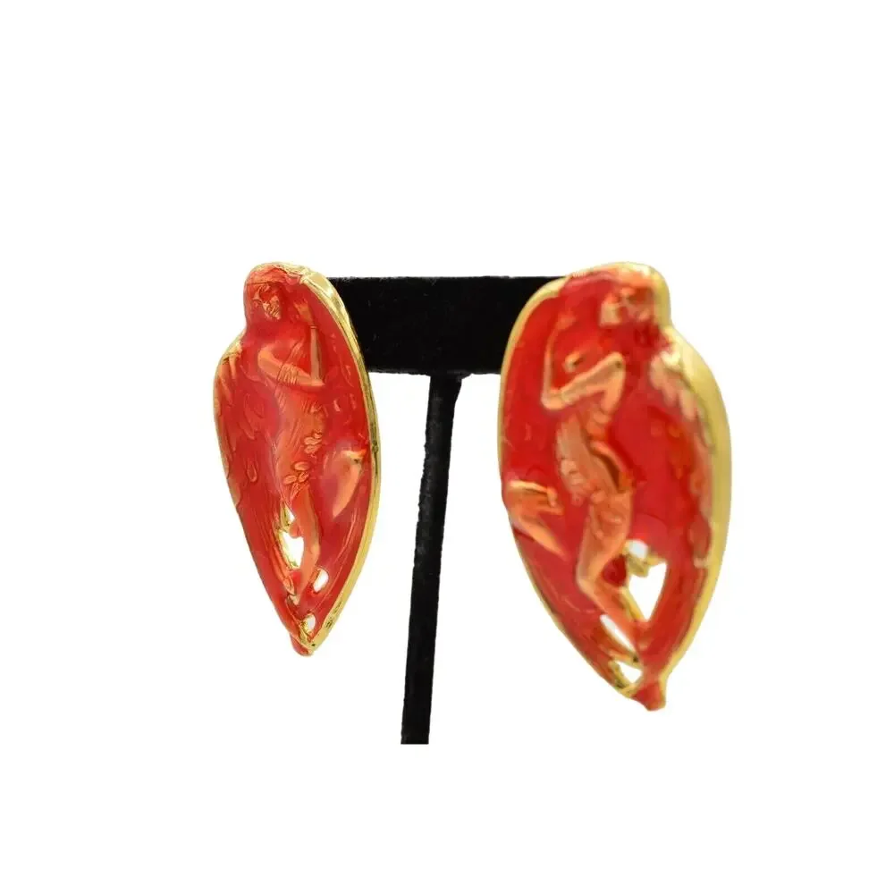 Vintage Abstract Artistic Angel Earrings Red Gold Enamel Metal Chunky NOS 80s 9L
